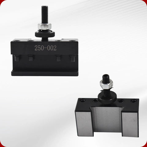 Two OXA 250-002 quick-change boring/turning tool holders for lathe, black metal with mounting bolts.