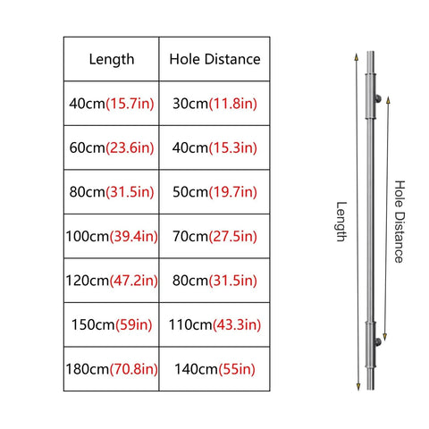 Diagram showing sizes for Beefy Heavy Duty Stainless Steel Push Pull Door Handle Set In Gold, 70.8 Inch Two Sided Barn Door Pull Bars