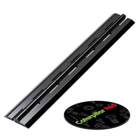 Black Acrylic Piano Hinges 300 Millimeter 3 Pack Heavy Duty Continuous Full Length Hinges side view on white background.