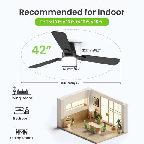 42 Inch Ceiling Fan With Bright Light And Wireless Remote Boasting Ultra Fast No Sweat Setup With Secure Snap Blades for indoor use in living areas and bedrooms.