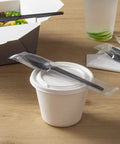 Six Point Five Inch Wrapped Compostable Spoons For Hot And Cold Food 250 Individually Wrapped Plant Based Black CPLA Disposable Utensils BPI Certified Eco Friendly Cutlery For Restaurants And Events, wrapped spoon on cup