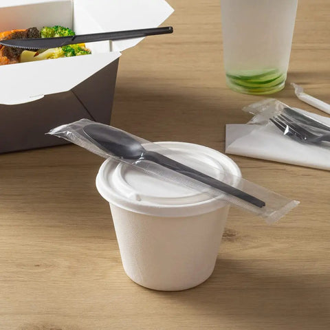 Six Point Five Inch Wrapped Compostable Spoons For Hot And Cold Food 250 Individually Wrapped Plant Based Black CPLA Disposable Utensils BPI Certified Eco Friendly Cutlery For Restaurants And Events, wrapped spoon on cup