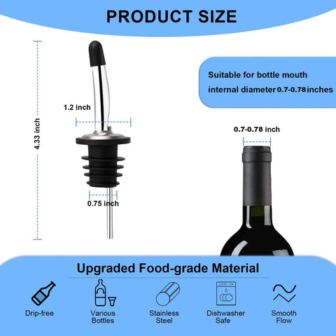 Set Of 2 Stainless Steel Pourers For Liquor Olive Oil And Vinegar Bottles With Tapered Stopper Spouts No Spill Control Sealed Dust Caps Fits About Three Quarters Inch Bottle Openings Durable And Easy To Clean Built Like A Tank, 0.7-0.78 inch fit