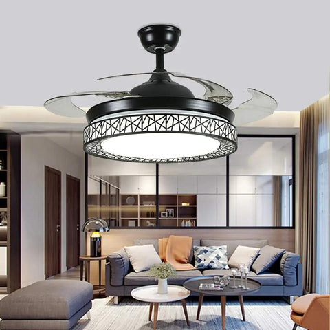 42 Inch Modern Ceiling Fan With Light And Retractable Blades, LED Chandelier Style in living room.