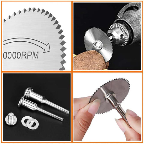 Close-up of Eight Piece HSS Drill Saw Blades Kit For Rotary Tools And Drills, Durable Steel Discs With One Eighth Inch Shank