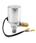 Chrome plated 12V air solenoid valve for cars and trucks, one quarter inch NPT inlet, quarter inch OD hose compatible.