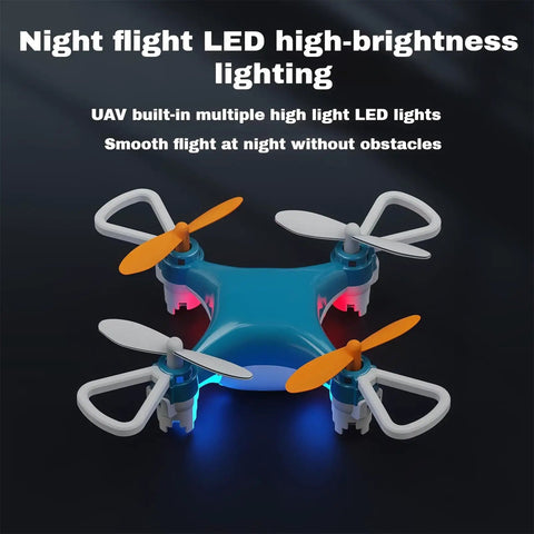 Mini Drone For Beginners With Easy Stunt Flights And 360 Degree Tricks, blue quadcopter with LED lights, night flight view