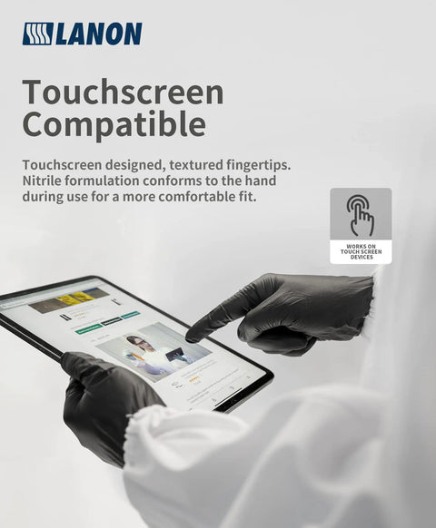 Black Nitrile Disposable Gloves 6 Mil Heavy Duty With Grippy Textured Fingertips used on a touchscreen device