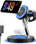 3 In 1 Wireless Charging Dock For iPhone AirPods And Apple Watch With MagSafe Stand Fast Charge Mess Free Desk Setup Works With iPhone 17 Through 12 Magnetic Charger Station For Home Or Office, black color with glowing blue accents and charging devices