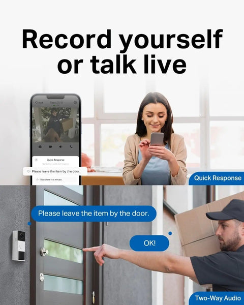Person using Hella Crisp 2K Wireless Smart Video Doorbell With Built In Chime to communicate with delivery driver.