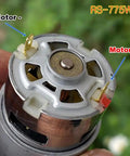 Close-up of RS 775WC DC Motor For Power Tools And Drill 12V 24V High Speed High Torque connector terminals and shaft view