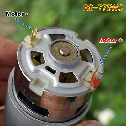 Close-up of RS 775WC DC Motor For Power Tools And Drill 12V 24V High Speed High Torque connector terminals and shaft view