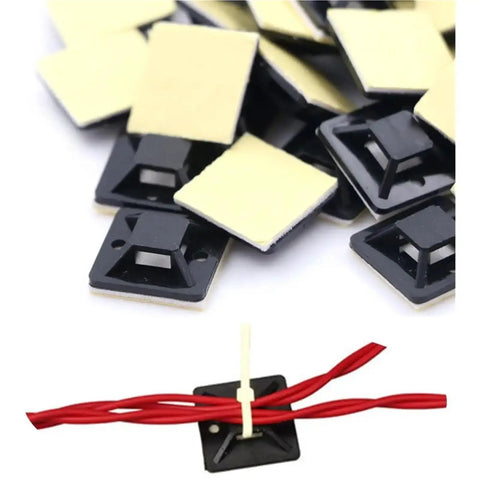 Premium Heavy Hitter Adhesive Cable Tie Bases 400 Piece Pack Black Self Stick Wire Mounts on flat surface with cables.