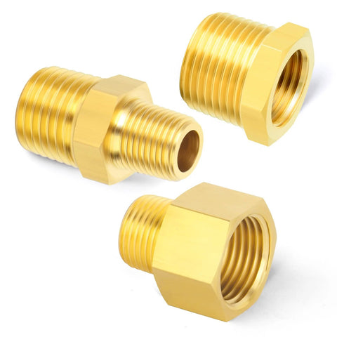 Brass pipe fittings set of 3 hex bushing reducers, 3/8 in NPT to 1/4 in NPT, gold finish