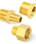 Six Piece Brass Pipe Fittings Set With Hex Bushings And Reducer Adapters Reducing Nipples From Three Eighths NPT To One Quarter NPT