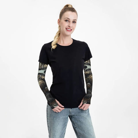 Woman wearing Chill Out Ice Silk Sun Sleeves Ultra Lightweight Cooling Arm Shades for casual wear with an all-over print design.