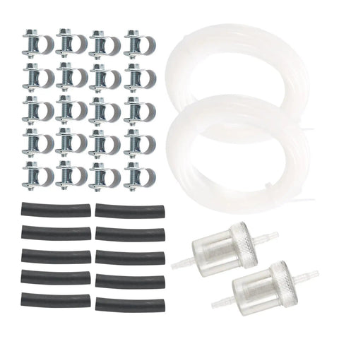 Get Your Car Cozy With This Slick 2 Set Fuels Heater Line Kit Featuring Premium Hose And Secure Clips For Winter Camping And Extended Parked Drives In Cold Regions. 2 black fuel hoses, steel clamps, and inline filters on white background