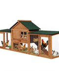 Spacious Wooden Chicken Coop And Rabbit Hutch With Dual Level Runs Waterproof Asphalt Roof Removable Tray Nest Box Outdoor Hen House For 2 To 4 Chickens Or Small Animals Backyard Pet Cage with multiple animals inside