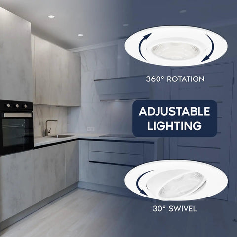 Rock Solid Knockout Brightness 3 Inch Led Recessed Gimbal Spotlights with 360 rotation and 30 swivel mount in modern kitchen.