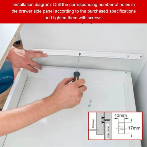 Installation of 2 Pack 298mm White Plastic Drawer Runners for Full Extension with screwdriver, side view, diagram shown