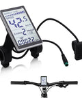 Universal 5 Pin LCD Display Meter For E Bikes And Scooters showing speed and trip data, with wiring and handlebar mount