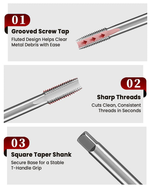 Grooved screw taps and shank from Complete 131 Piece Thread Repair Kit With HSS Drill Bits Taps And Inserts For M5 To M12