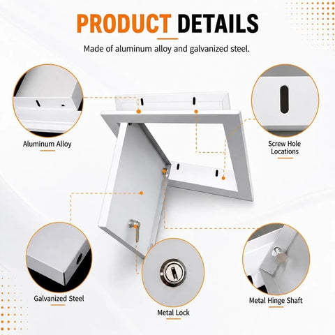 Heavy Duty Aluminum Access Panel For Drywall With Key Lock showing metal lock, aluminum alloy details, and screw hole locations.