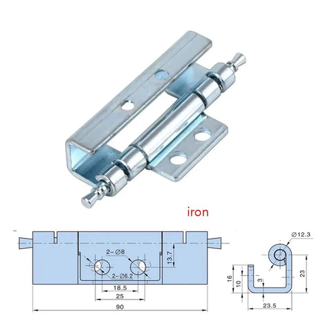 Iron hidden detachable door hinge for industrial equipment boxes with mechanical drawing and measurements.