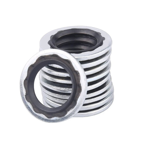 Stack of metal rings with rubber gaskets from the AC System Compressor Gasket Seal Kit 60 Piece Port Seal Washer Set For Air Conditioning Repair