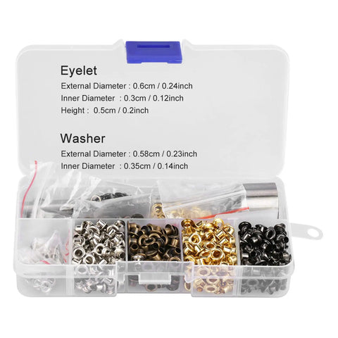 Built Dang Tough 420 Leather Grommet And Eyelet Kit With Three Heavy Duty Steel Punches, open storage case with assorted eyelets and washers.