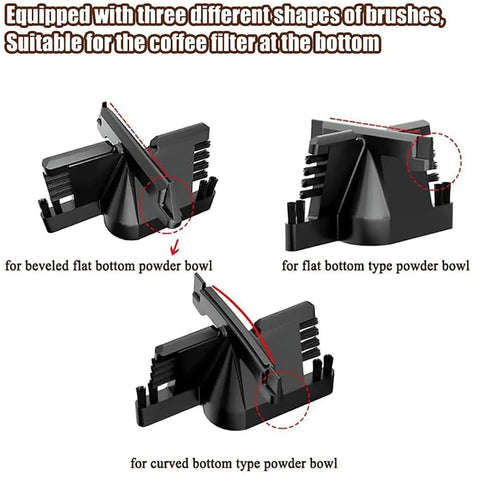 Game Changing Electric Portafilter Cleaner With Rapid Knock Box Design that features three brush shapes for coffee filters.