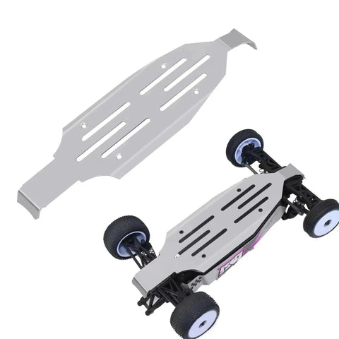 Losi Micro B 1/24 2WD RC Car Chassis Frame Upgrade Kit Stainless Steel Guard Plate next to assembled micro buggy chassis