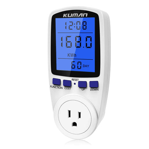 Smart Watt Meter For Home Use, Plug In Power Monitor with digital display showing voltage and energy data in white casing