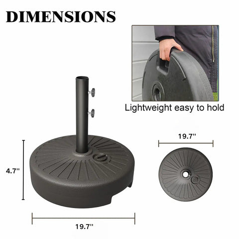 Dimensions and details of Beefy 22L Water Filled Patio Umbrella Base With Dual Locking Knobs Heavy Duty HDPE Stand.