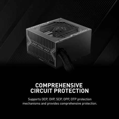Mag A650BN 650W Non Modular Power Supply With 80 Plus Bronze Certified Low Noise Fan Active PFC Compact ATX PSU OVP OCP OTP SCP Protections DC DC Circuit 5 Year Warranty Great Pick For Gaming Rigs, shown with circuit protection features in black.