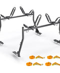 Heavy Duty Extending Steel Truck Bed Ladder Rack With Dual Kayak J Cradles And No Drill Z Clamps showcased with ratchet straps.
