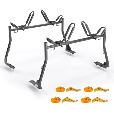 Heavy Duty Extending Steel Truck Bed Ladder Rack With Dual Kayak J Cradles And No Drill Z Clamps showcased with ratchet straps.