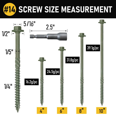 Pack Of 50 14 X 10 Wood Structural Screws Green Coated Beefy Heavy Duty Hex Head Timber Log Landscaping Screws Rust Resistant