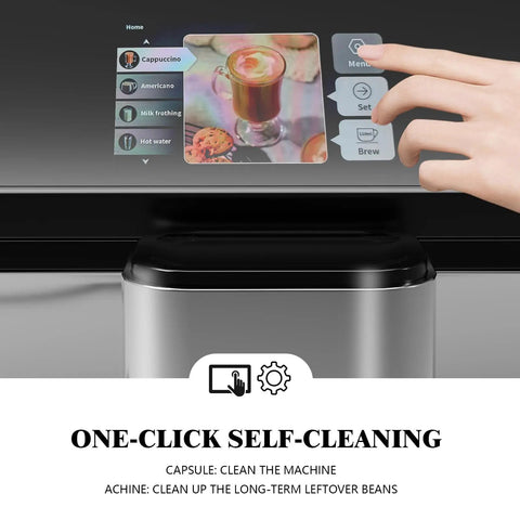 Top Notch Fully Automatic Espresso Machine With Smart Tft Display And One Touch Programs Featuring Dual Boiler Extraction Plus Quick Auto Milk Frother For No Stress Cafe Sips At Home Or Office displaying smart panel with self-cleaning options.