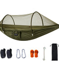 Two In One Pop Up Hammock Tent With Mosquito Net For One Person, instant setup, includes straps, carabiners, ropes, and bag