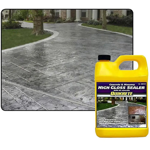 Kickass High Gloss Concrete And Masonry Sealer Offering A Bold Wet Look Finish, 5 Gallon jug beside a sealed driveway.