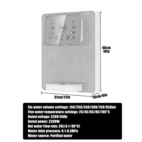 Side view of wall mounted instant hot water dispenser with 2200W heating, control panel, and child lock indicator.