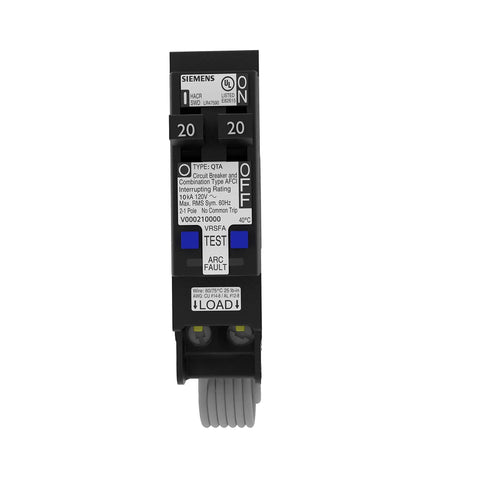 Front view of 20A 120V 1-Pole Tandem CAFCI Type QTA Circuit Breaker With LED Trip Indicators, dual-circuit design
