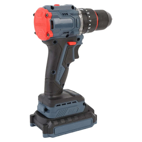 Heavy Duty Cordless Drill Kit With Slick Brushless Engine Delivering Up To 1500 RPM And 25 Precise Torque Gears view from side, showcasing compact design and battery.
