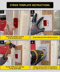 Strike template instruction steps for Heavy Duty Bamboo Router Jig Template Kit For Bullseye Straight Door Latch And Strike Plate Mortise Cuts.