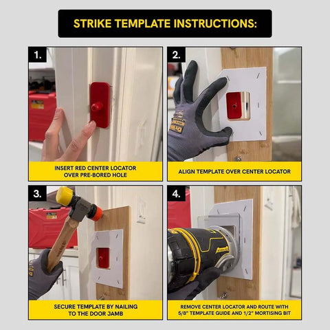 Strike template instruction steps for Heavy Duty Bamboo Router Jig Template Kit For Bullseye Straight Door Latch And Strike Plate Mortise Cuts.