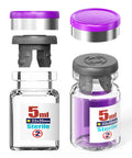 Two 5ml sterile borosilicate glass vials with purple flip-top closures and gray stoppers