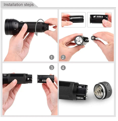 Ultraviolet Blacklight Flashlight With 51 LEDs, 395 Nanometer UV Light installation steps, showing battery placement