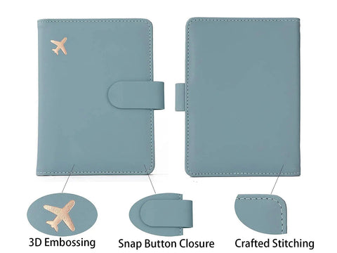 Front and back view of RFID Passport Holder Travel Wallet For Women And Men with 3D embossing, snap button closure, and crafted stitching.
