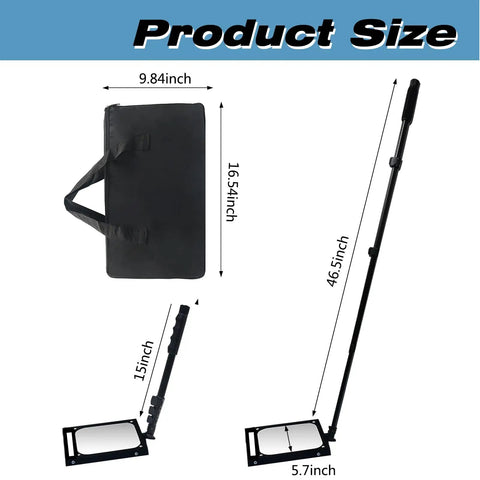 Rechargeable LED Under Vehicle Inspection Mirror With Adjustable Length next to carrying case with dimensions shown.